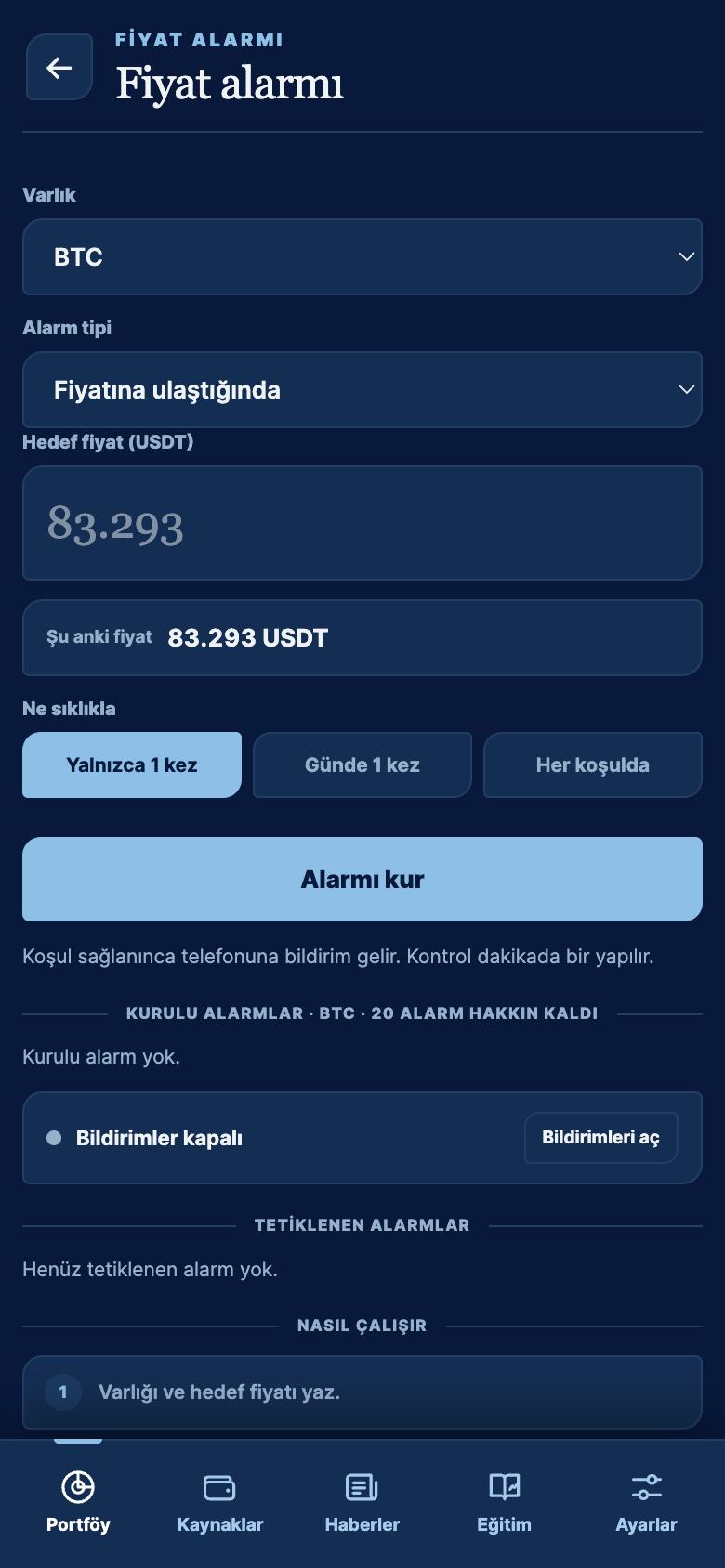 KronX fiyat alarmı kurma ekranı