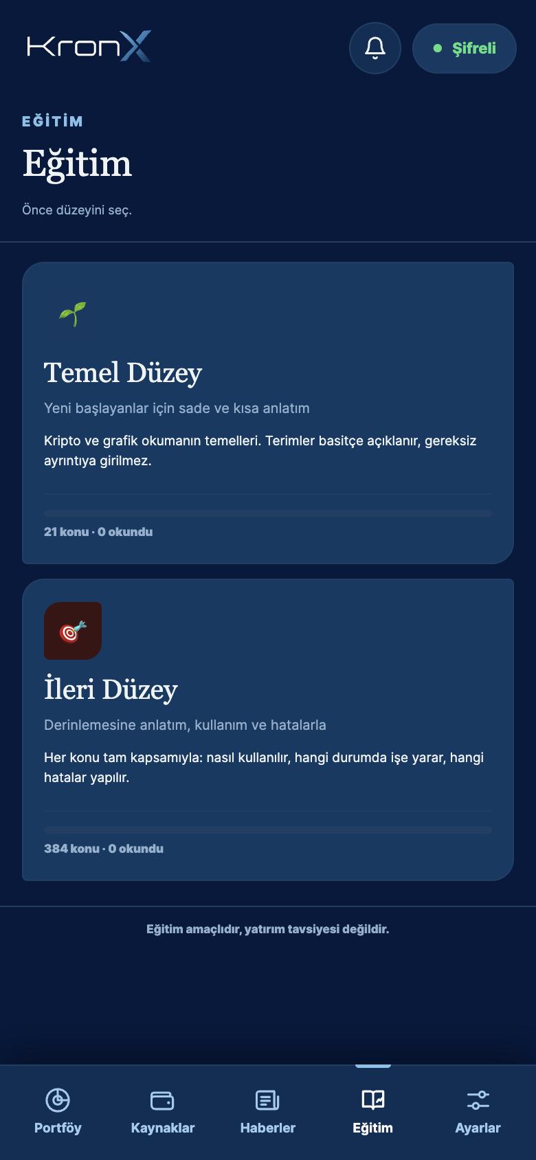 KronX eğitim düzeyleri ekranı