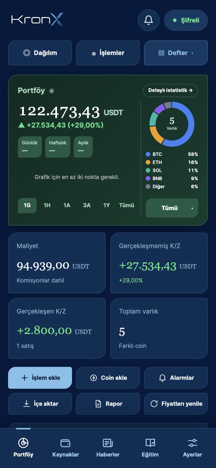 KronX portfolio screen on iPhone
